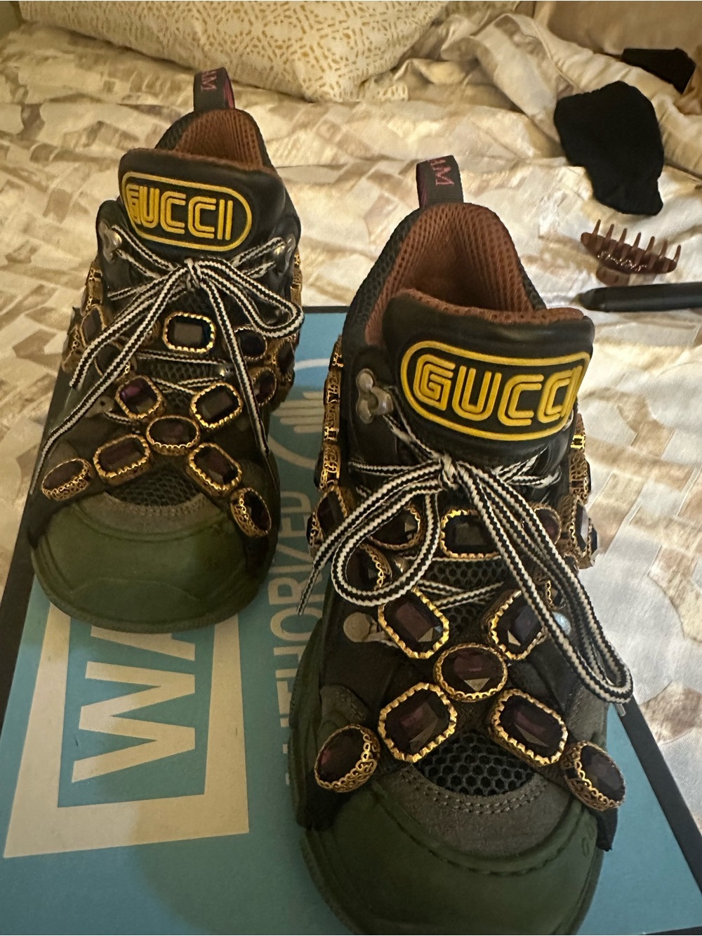 Gucci women Green and Black purple Jewel-Embellished Sneakers